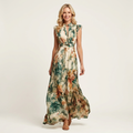 Noella | Mandarin-Collar Ruffle-Sleeve Floral Chiffon Maxi Dress