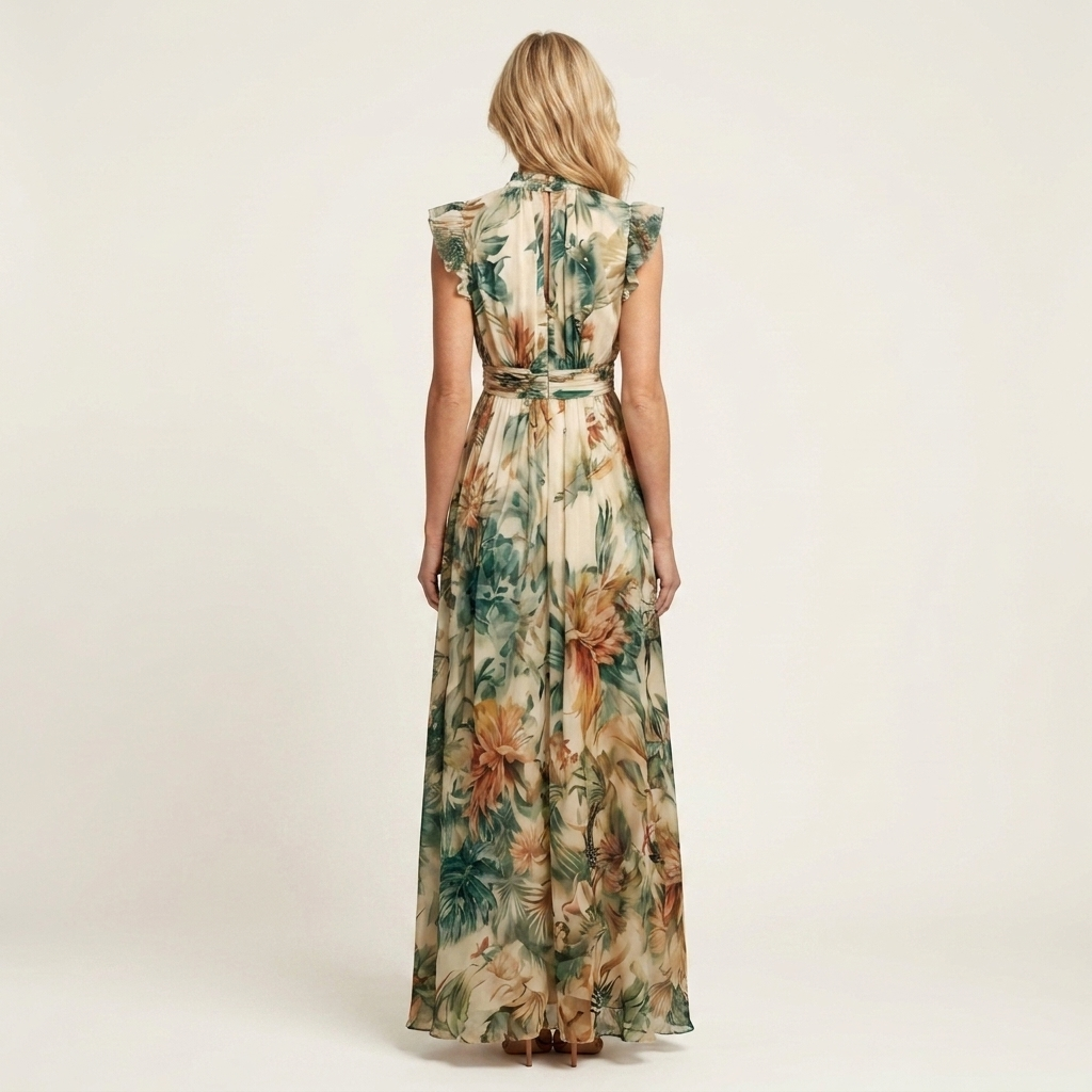 Noella | Mandarin-Collar Ruffle-Sleeve Floral Chiffon Maxi Dress