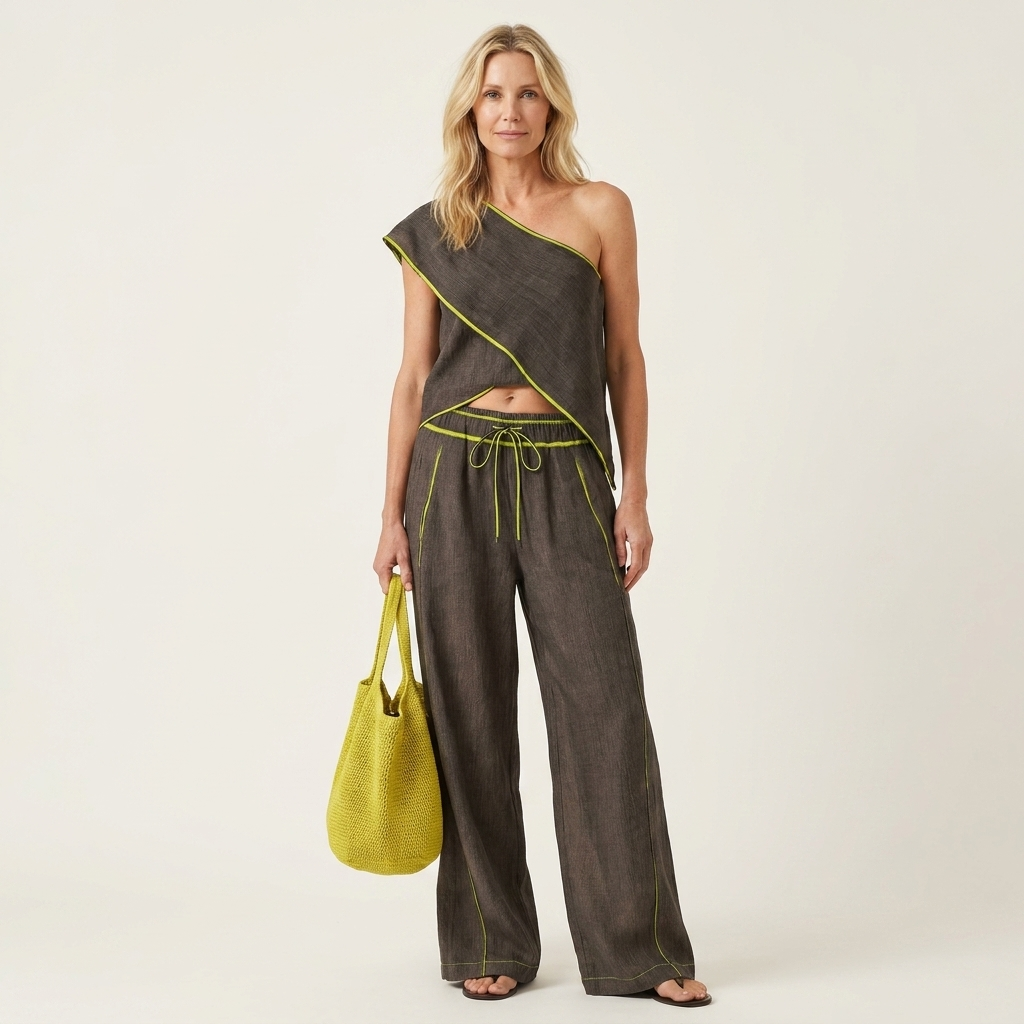 Carlene | One-Shoulder Cropped Top & Wide-Leg Linen-Blend Pants Two-Piece Set
