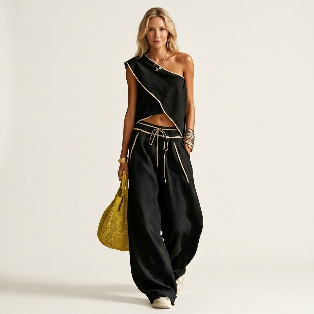 Carlene | One-Shoulder Cropped Top & Wide-Leg Linen-Blend Pants Two-Piece Set
