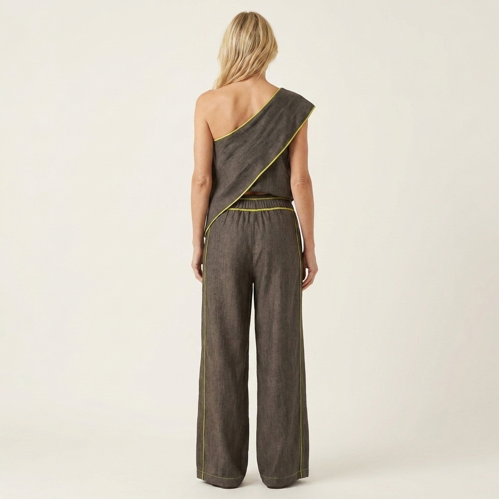Carlene | One-Shoulder Cropped Top & Wide-Leg Linen-Blend Pants Two-Piece Set