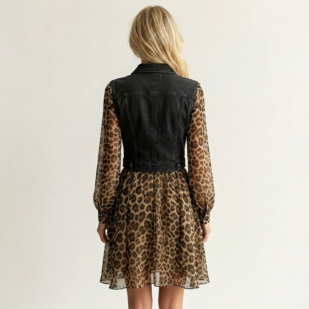 Shanice | Denim Bodice & Leopard Print Chiffon Skirt Long-Sleeve Mini Dress