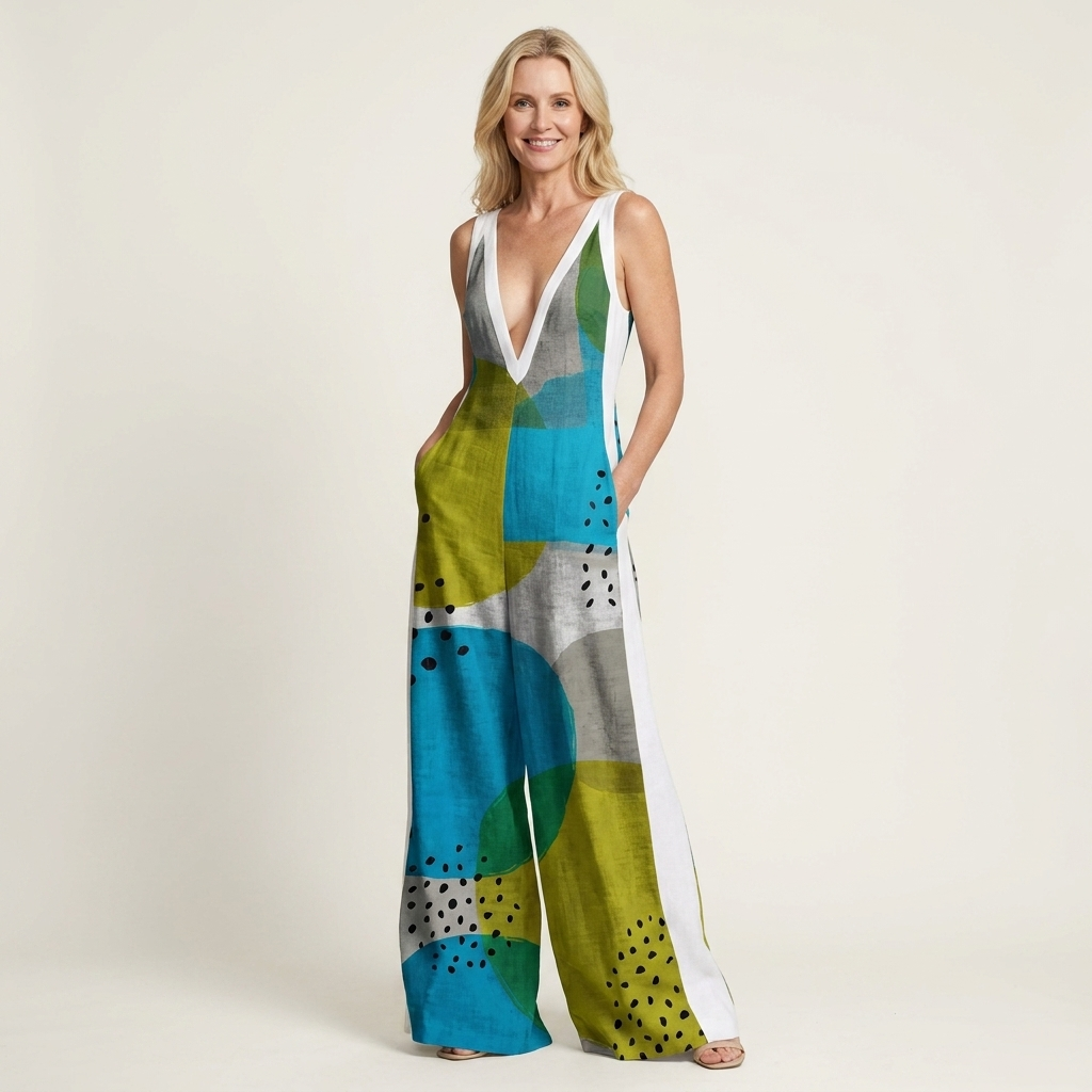 Ginia | Deep V-Neck Abstract Print Wide-Leg Palazzo Jumpsuit