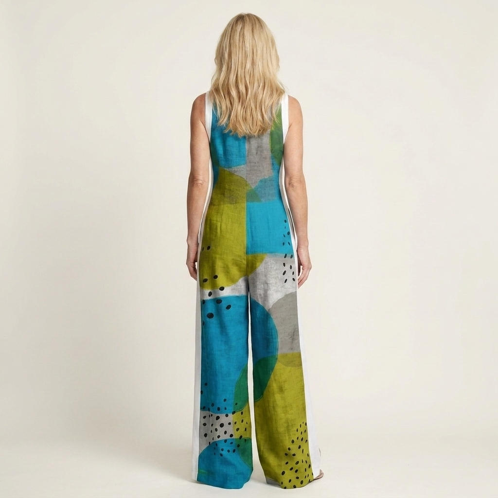 Ginia | Deep V-Neck Abstract Print Wide-Leg Palazzo Jumpsuit