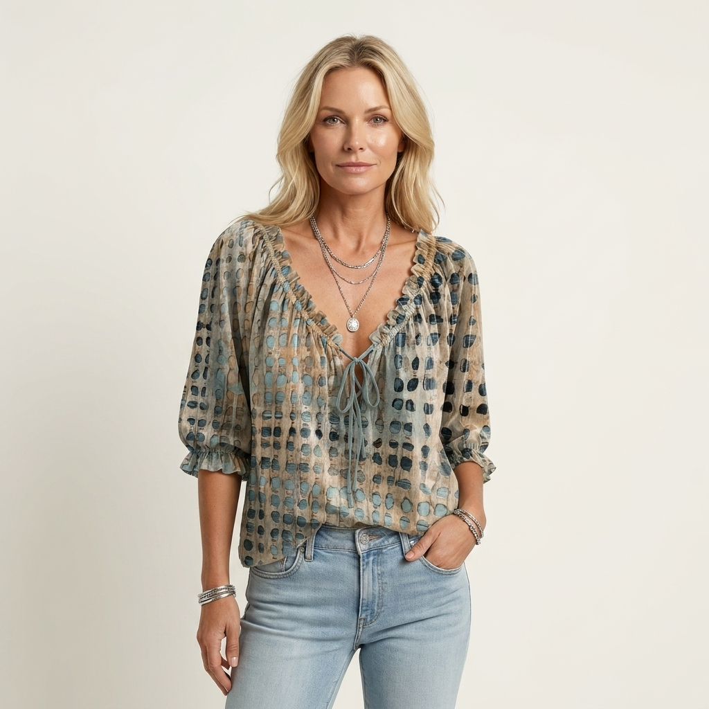 Venice | Ruffle V-Neck Tie-Front Polka-Dot Three-Quarter Sleeve Blouse