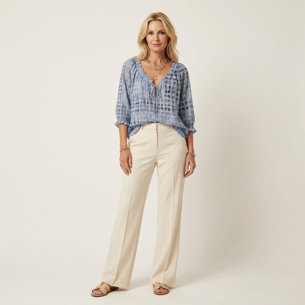 Venice | Ruffle V-Neck Tie-Front Polka-Dot Three-Quarter Sleeve Blouse
