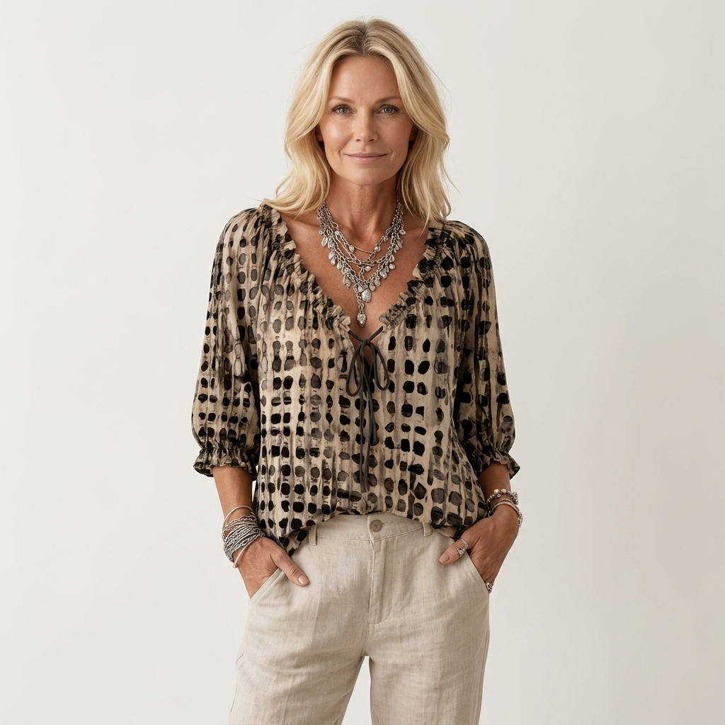 Venice | Ruffle V-Neck Tie-Front Polka-Dot Three-Quarter Sleeve Blouse