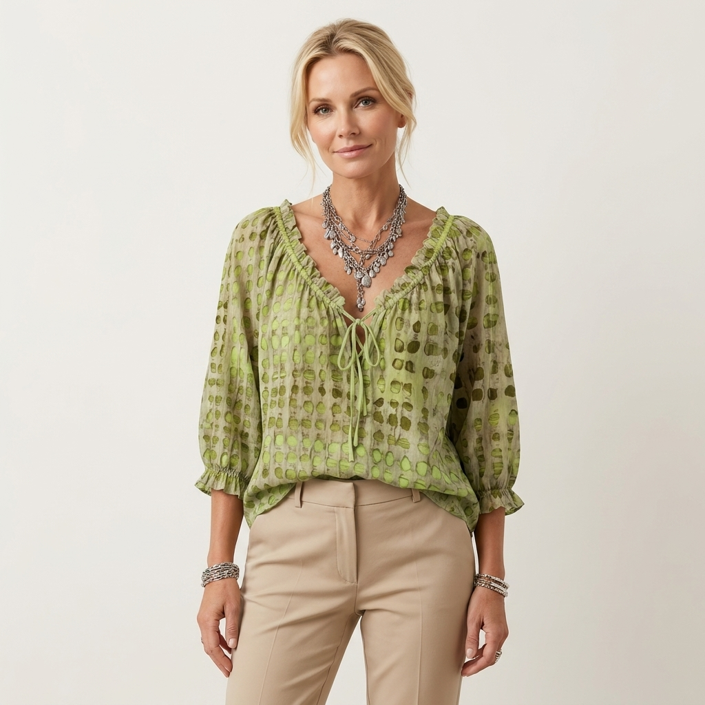 Venice | Ruffle V-Neck Tie-Front Polka-Dot Three-Quarter Sleeve Blouse