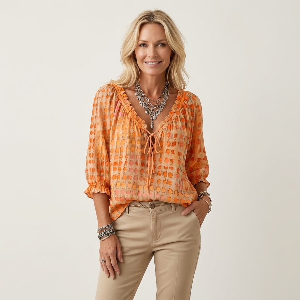 Venice | Ruffle V-Neck Tie-Front Polka-Dot Three-Quarter Sleeve Blouse