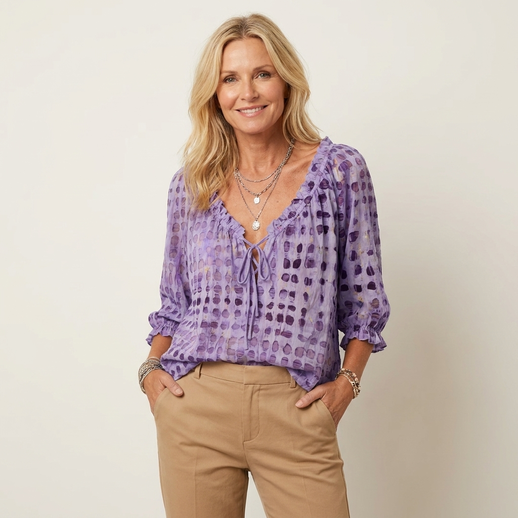 Venice | Ruffle V-Neck Tie-Front Polka-Dot Three-Quarter Sleeve Blouse