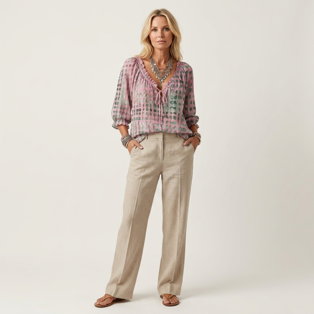 Venice | Ruffle V-Neck Tie-Front Polka-Dot Three-Quarter Sleeve Blouse