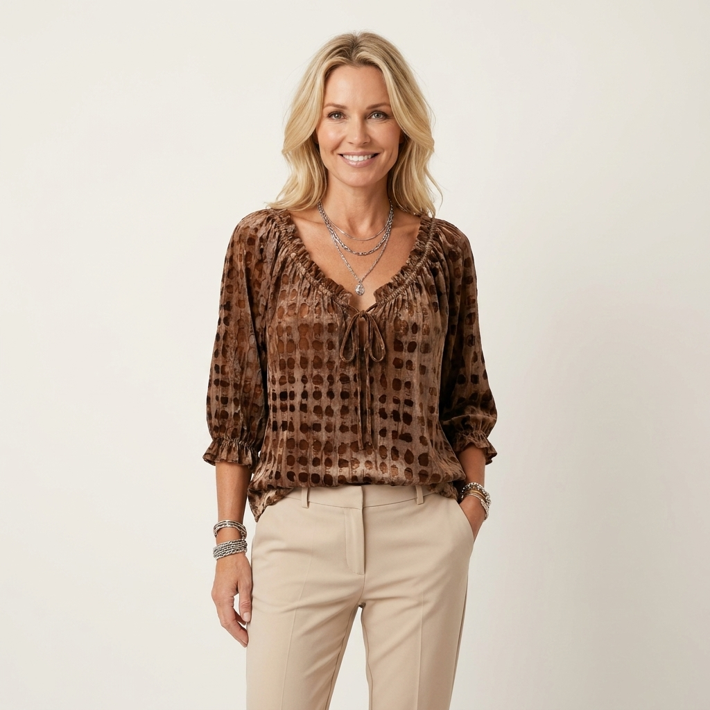 Venice | Ruffle V-Neck Tie-Front Polka-Dot Three-Quarter Sleeve Blouse