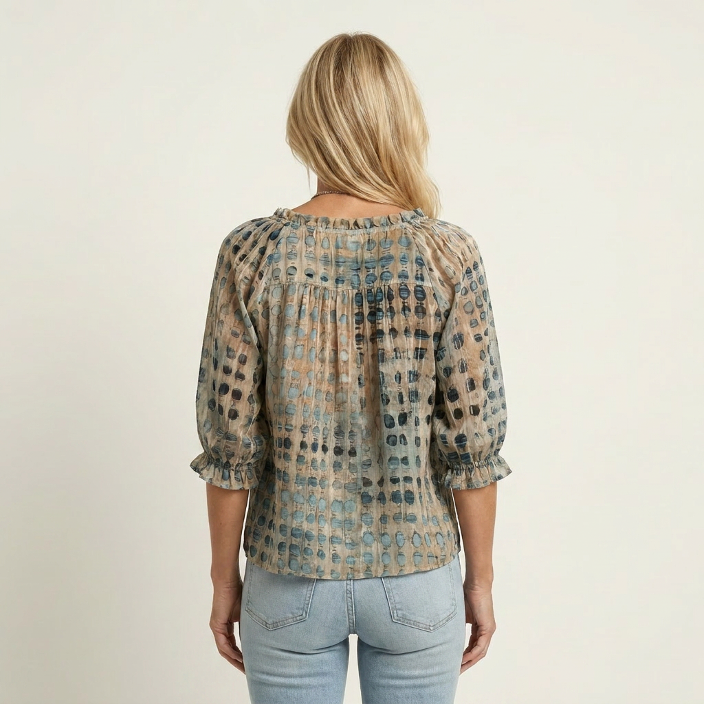 Venice | Ruffle V-Neck Tie-Front Polka-Dot Three-Quarter Sleeve Blouse