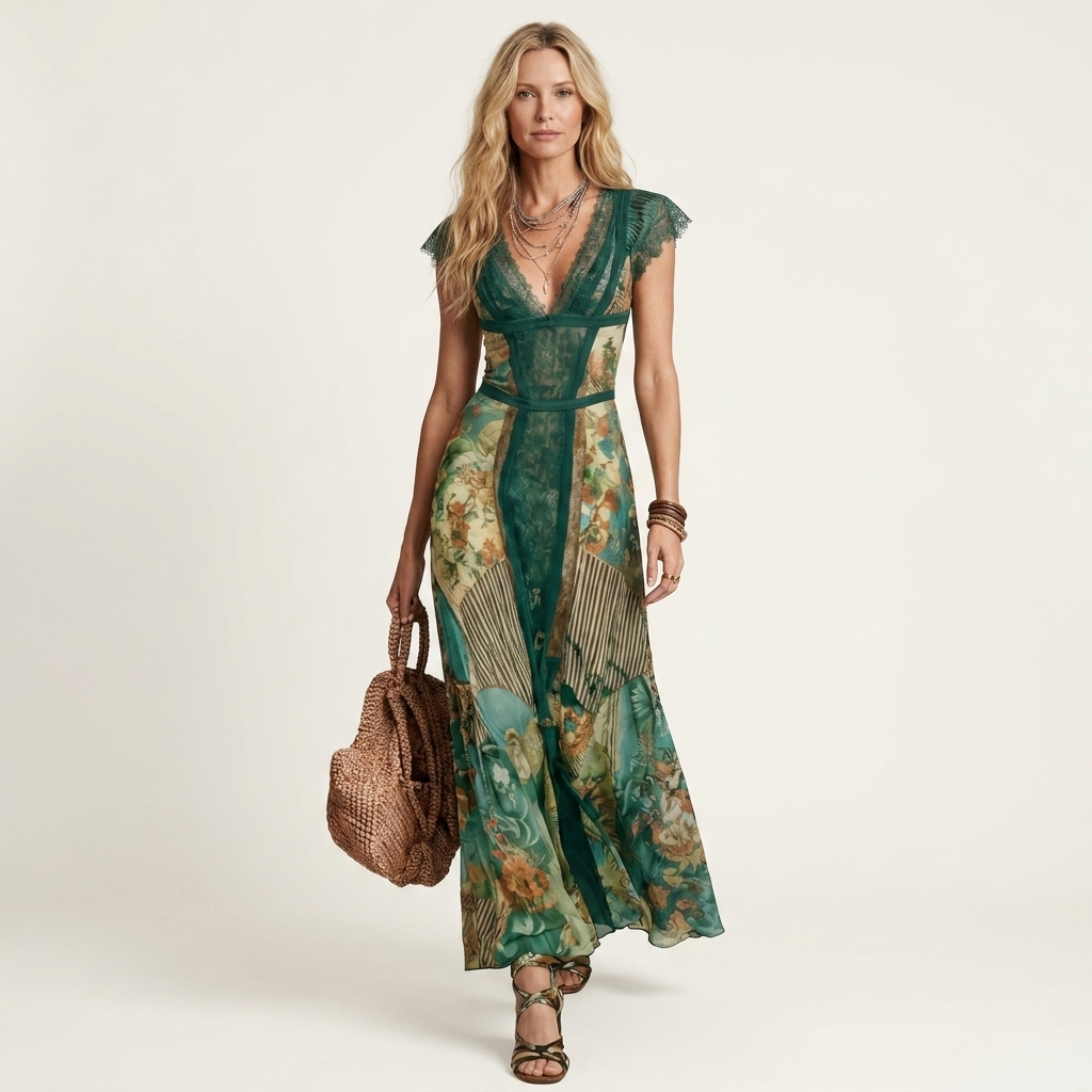 Aya | Lace-Trim V-Neck Baroque Floral Patchwork Maxi Dress