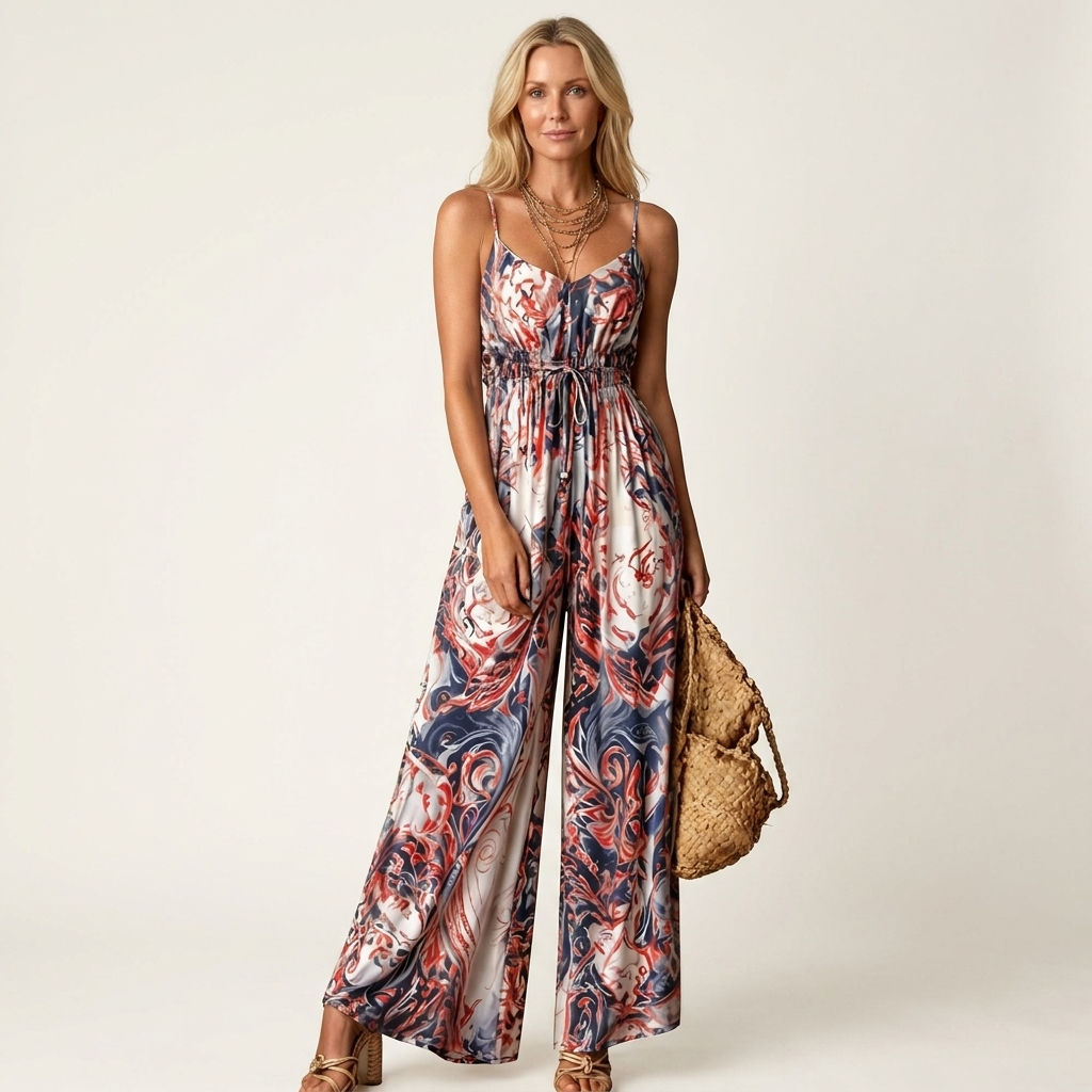 Ally | Spaghetti-Strap Button-Front Baroque Print Wide-Leg Jumpsuit