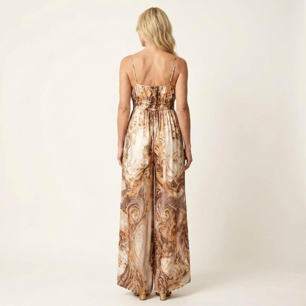 Ally | Spaghetti-Strap Button-Front Baroque Print Wide-Leg Jumpsuit