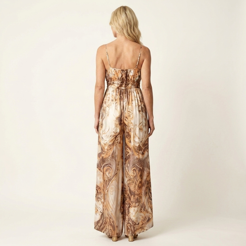 Ally | Spaghetti-Strap Button-Front Baroque Print Wide-Leg Jumpsuit
