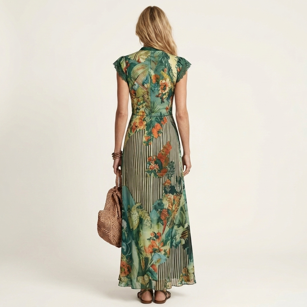 Aya | Lace-Trim V-Neck Baroque Floral Patchwork Maxi Dress