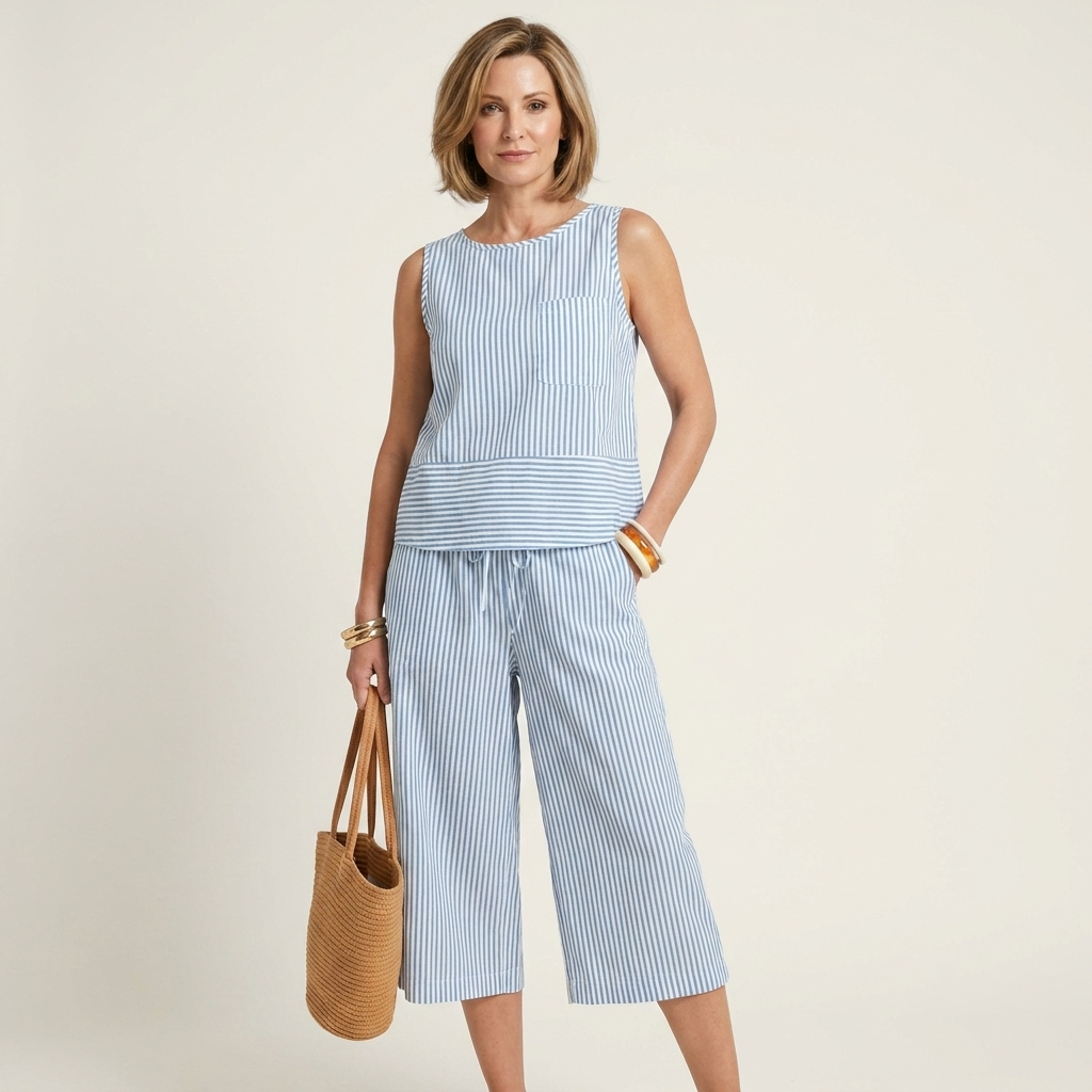 Brisa | Striped Sleeveless Top & Wide-Leg Capri Pants Two-Piece Set