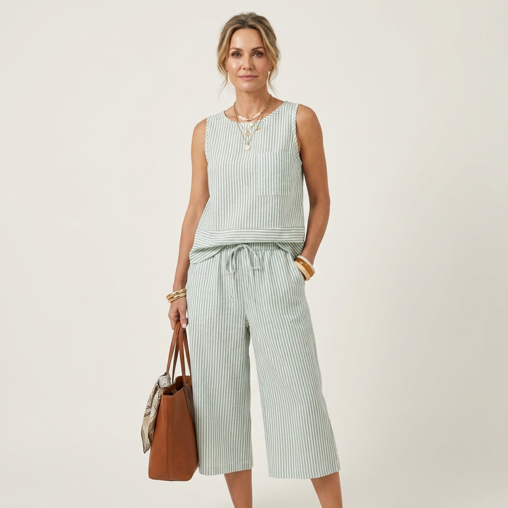 Brisa | Striped Sleeveless Top & Wide-Leg Capri Pants Two-Piece Set