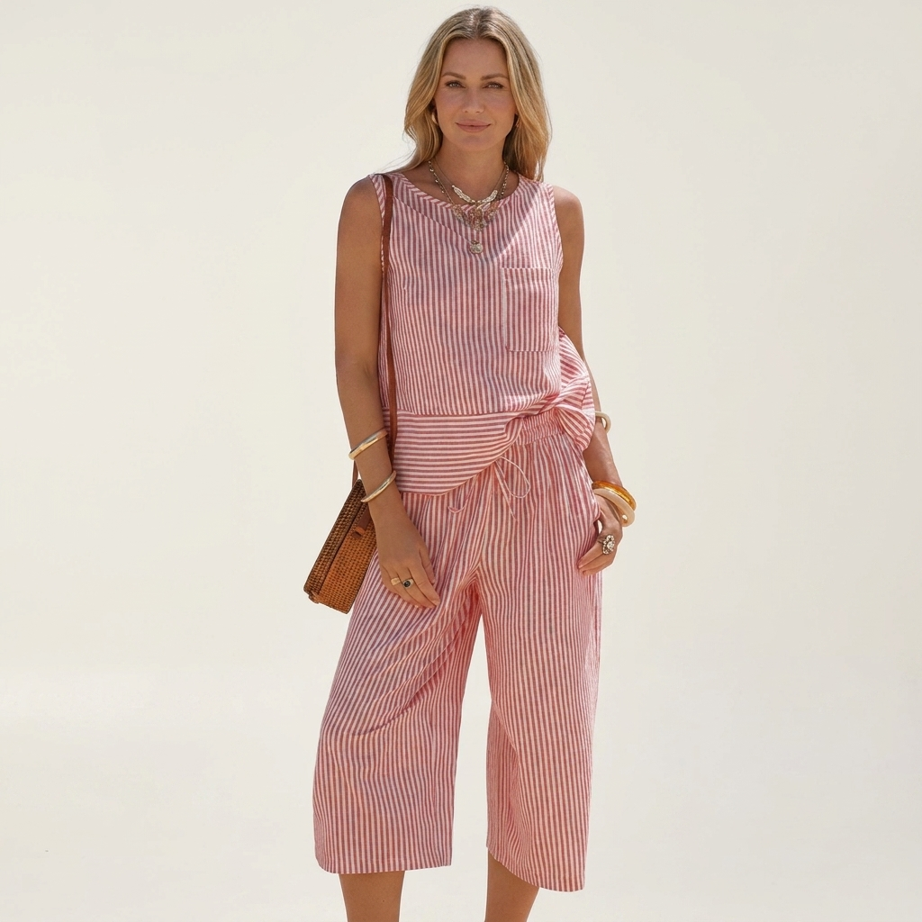 Brisa | Striped Sleeveless Top & Wide-Leg Capri Pants Two-Piece Set