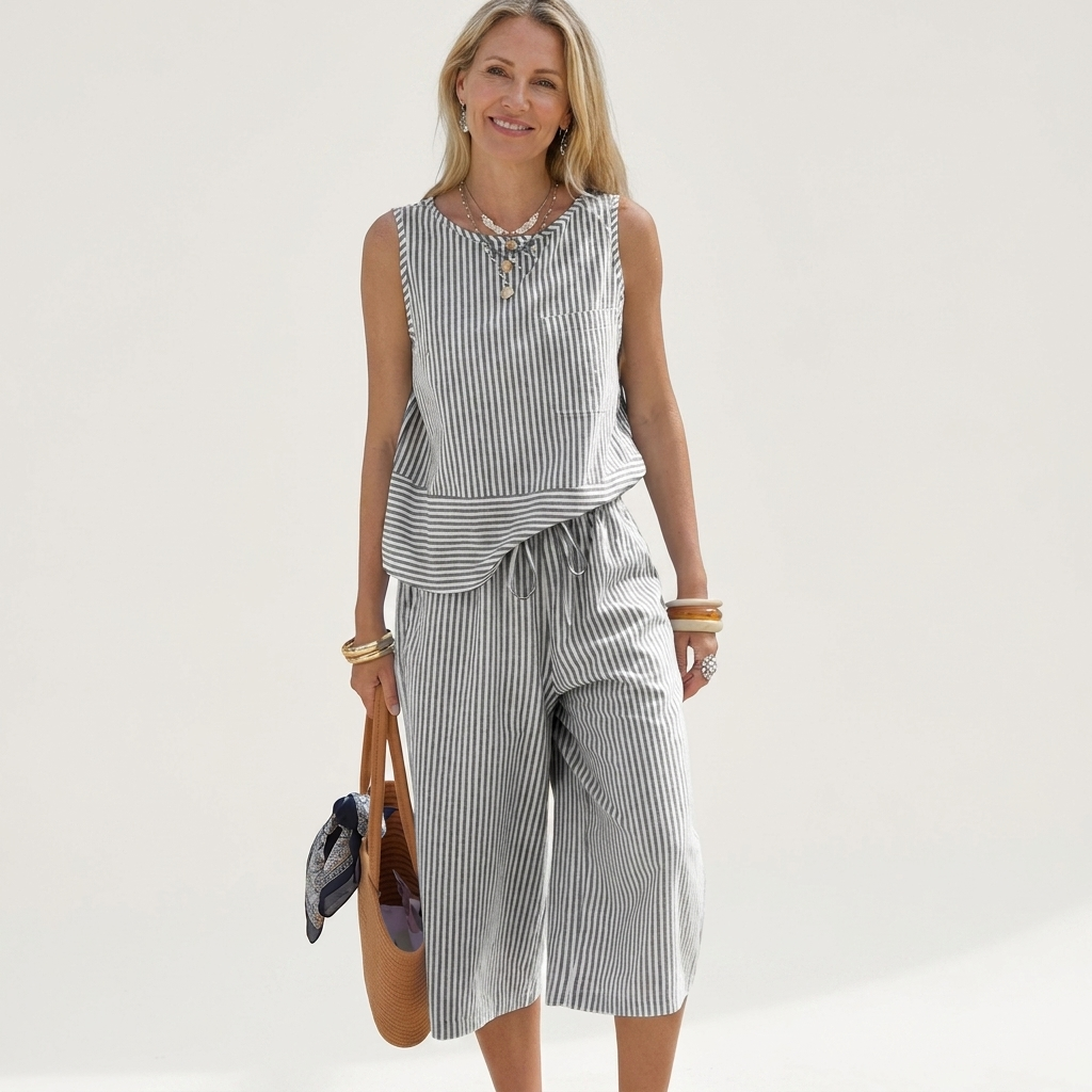 Brisa | Striped Sleeveless Top & Wide-Leg Capri Pants Two-Piece Set