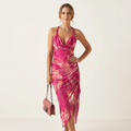 Samanta | Halter-Neck Draped Floral Ruched Asymmetric Midi Dress