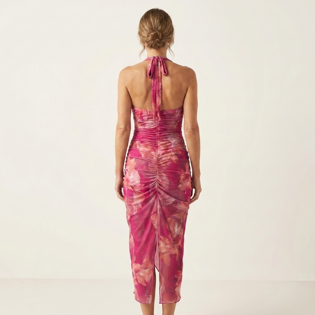 Samanta | Halter-Neck Draped Floral Ruched Asymmetric Midi Dress