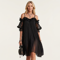 Courtney | Lace-Trim Cold-Shoulder Pleated Mesh Mini Dress