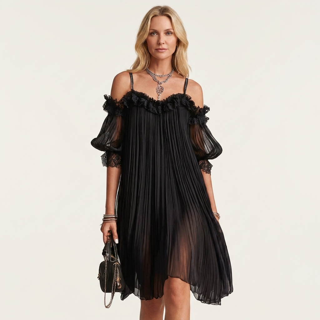 Courtney | Lace-Trim Cold-Shoulder Pleated Mesh Mini Dress