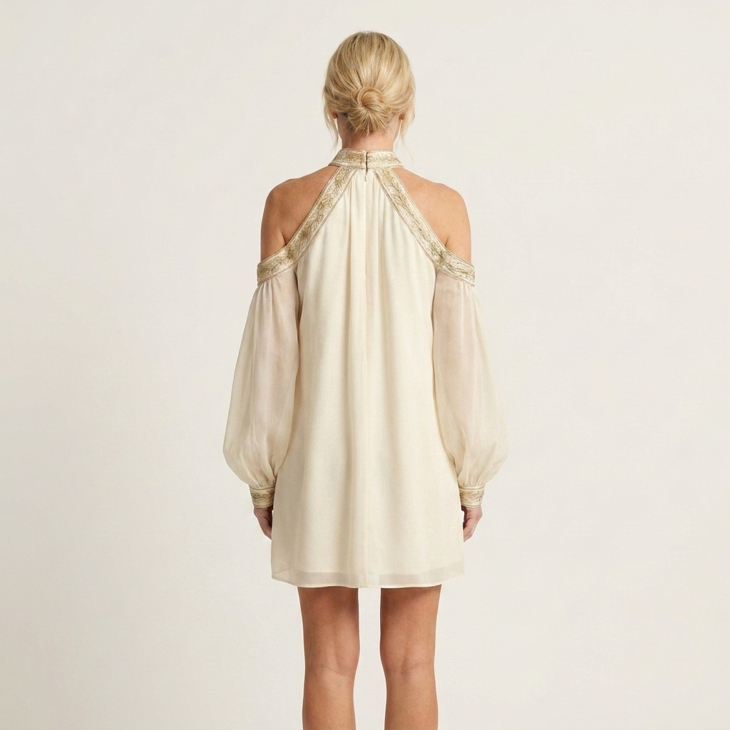 Lunara | Cross-Halter Embroidered Trim Cold-Shoulder Puff-Sleeve Mini Dress