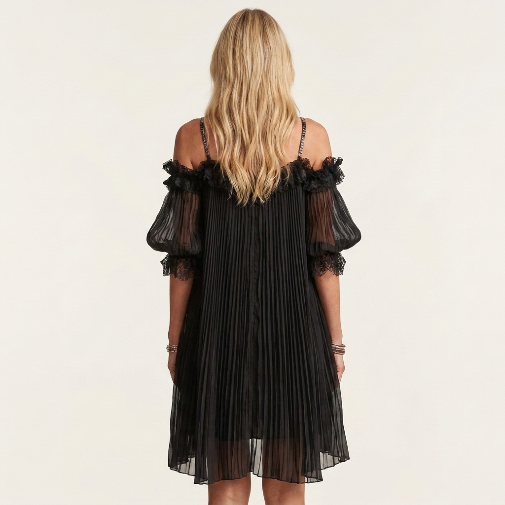 Courtney | Lace-Trim Cold-Shoulder Pleated Mesh Mini Dress