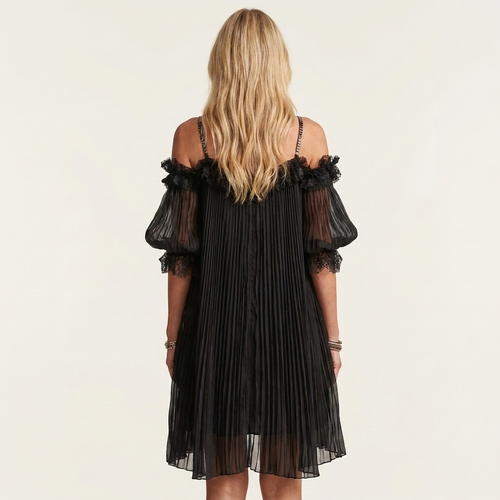 Courtney | Lace-Trim Cold-Shoulder Pleated Mesh Mini Dress