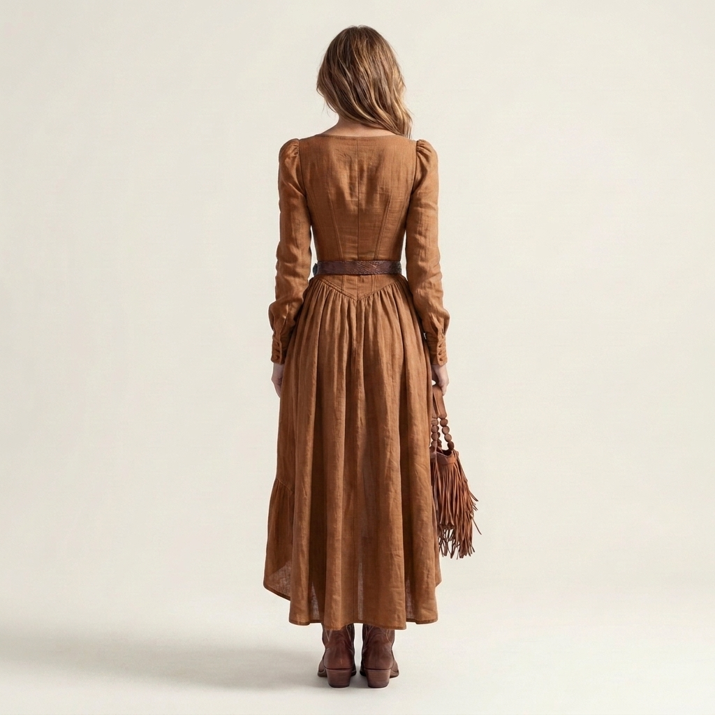 Graziella | Scoop-Neck Corset-Bodice Long-Sleeve Hi-Low Maxi Dress