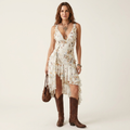 Sabrina | Deep V-Neck Ruched Button-Front Floral Chiffon Hi-Low Dress