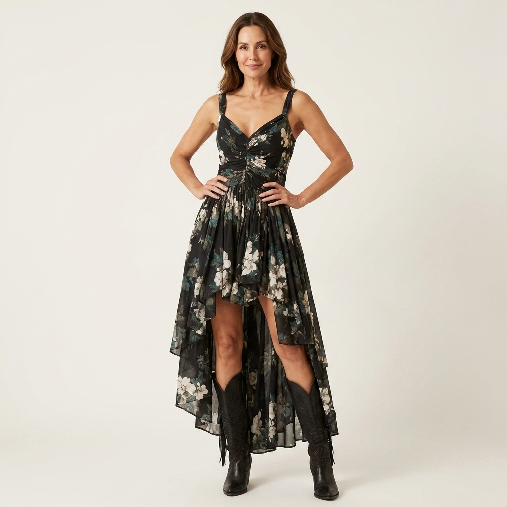 Noriella | Spaghetti-Strap V-Neck Floral Hi-Low Maxi Dress