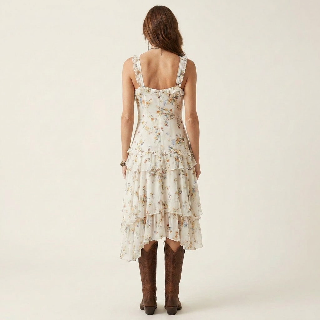 Sabrina | Deep V-Neck Ruched Button-Front Floral Chiffon Hi-Low Dress