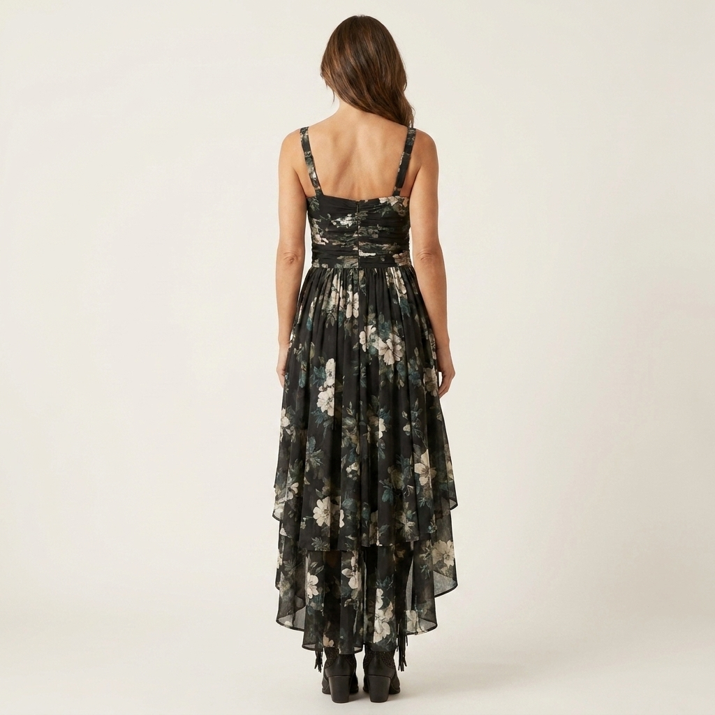 Noriella | Spaghetti-Strap V-Neck Floral Hi-Low Maxi Dress