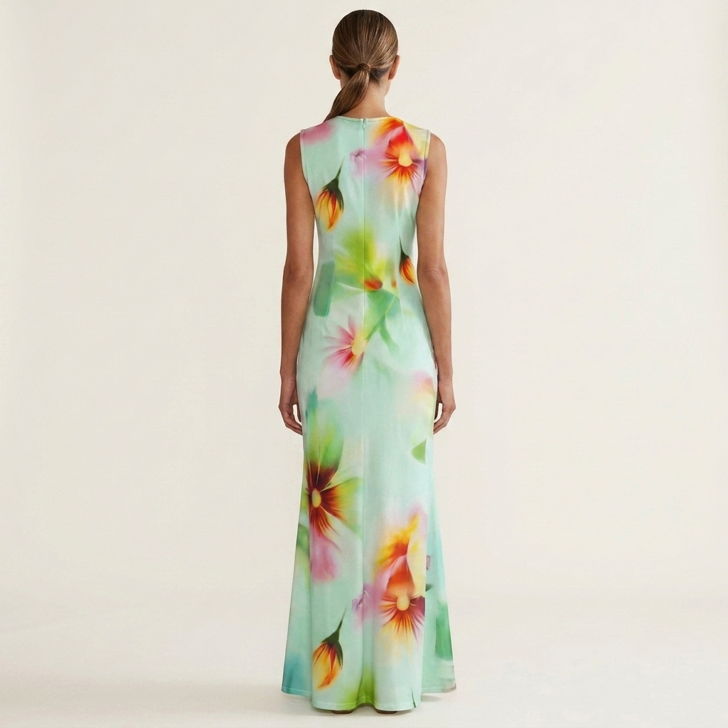 Griselda | Sleeveless Round-Neck Watercolor Floral Fitted Maxi Dress