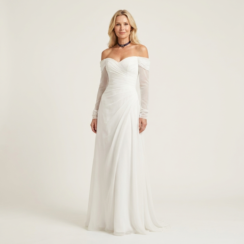 Zoelina | Off-Shoulder Sweetheart Ruched Sheer-Sleeve Maxi Dress