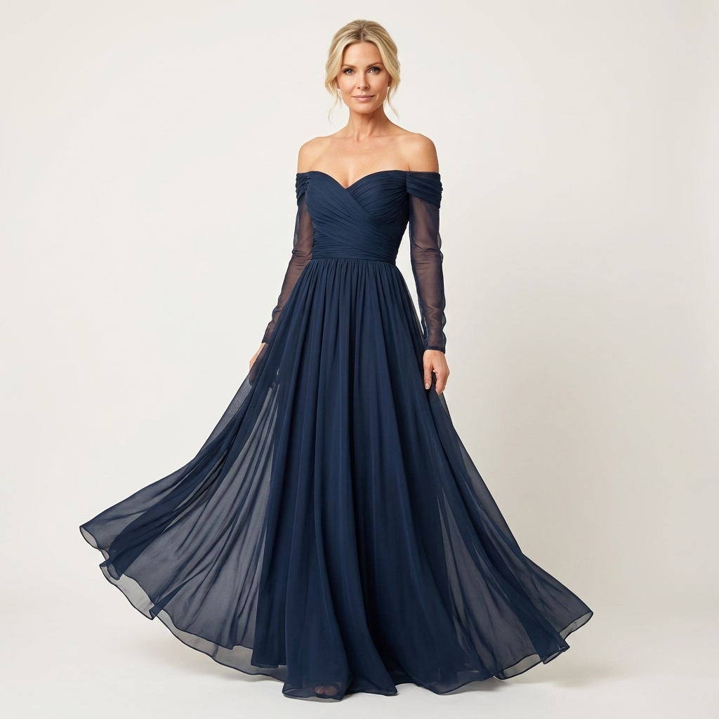 Zoelina | Off-Shoulder Sweetheart Ruched Sheer-Sleeve Maxi Dress