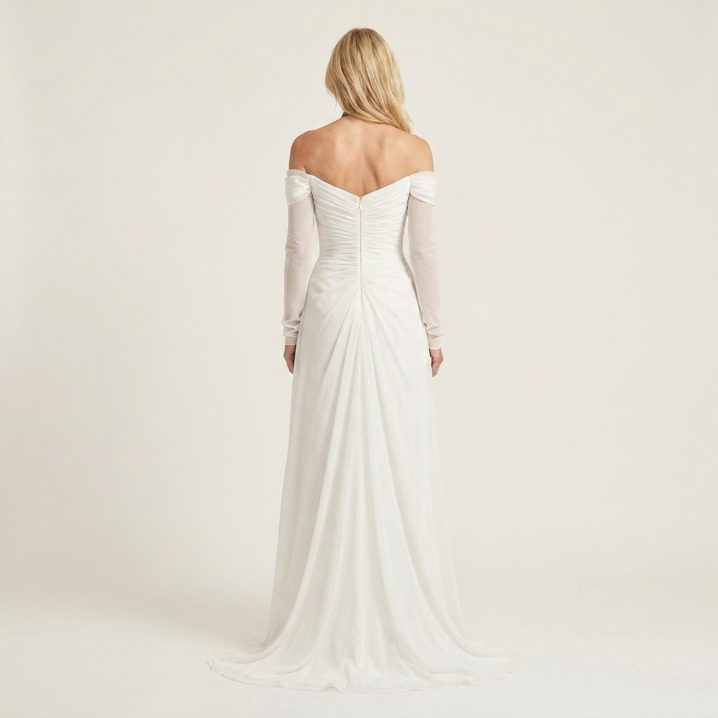 Zoelina | Off-Shoulder Sweetheart Ruched Sheer-Sleeve Maxi Dress