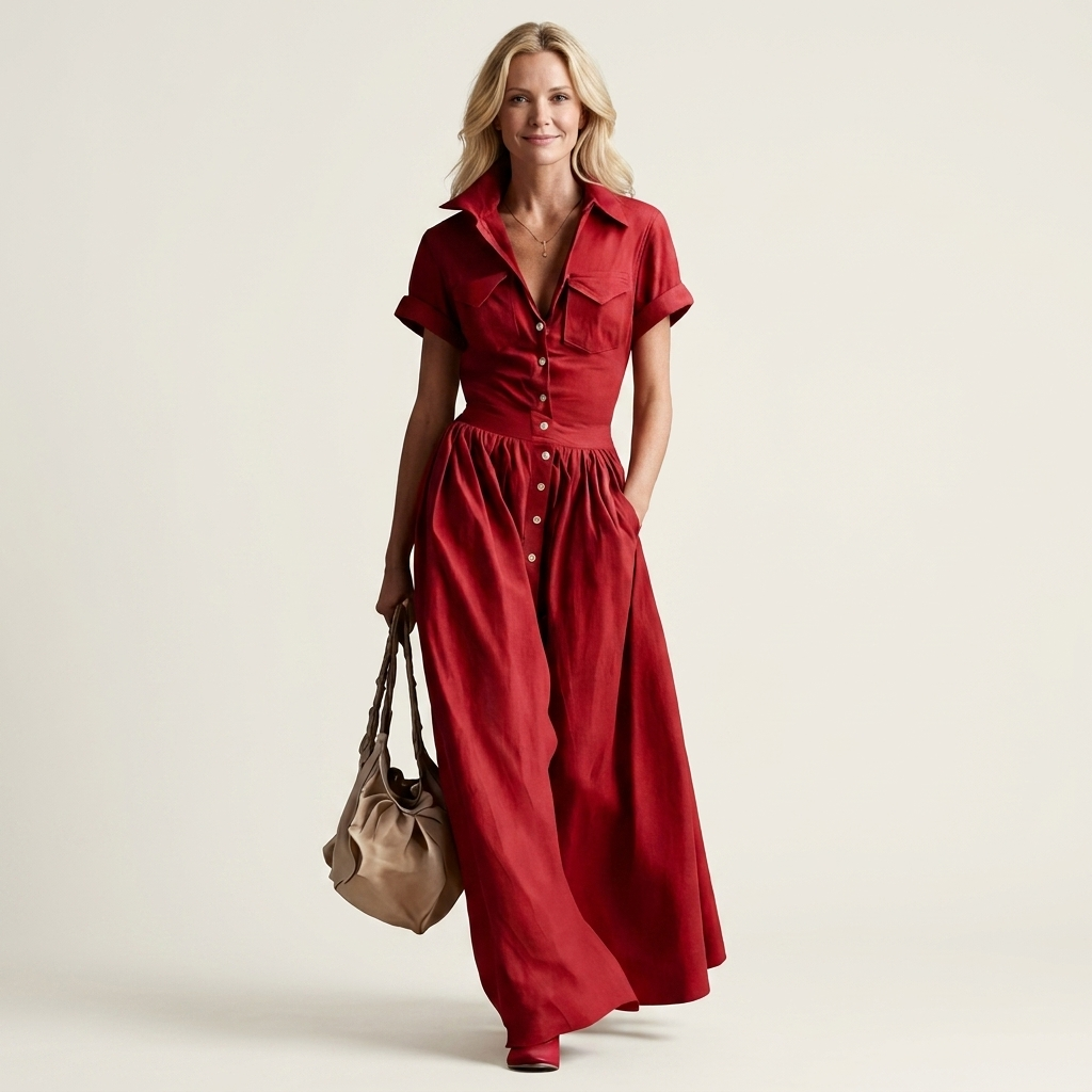 Felina | Lapel Collar Button-Front Short-Sleeve Pleated Maxi Dress