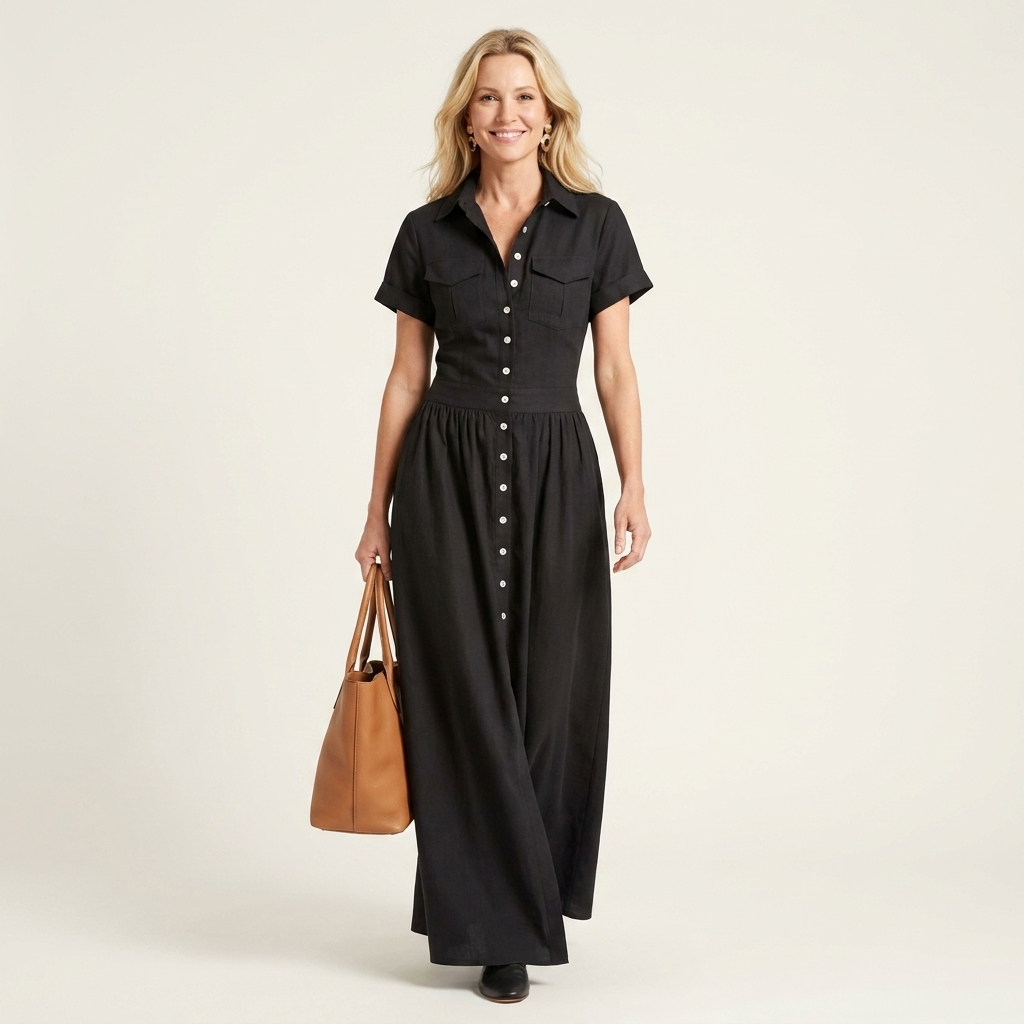 Felina | Lapel Collar Button-Front Short-Sleeve Pleated Maxi Dress