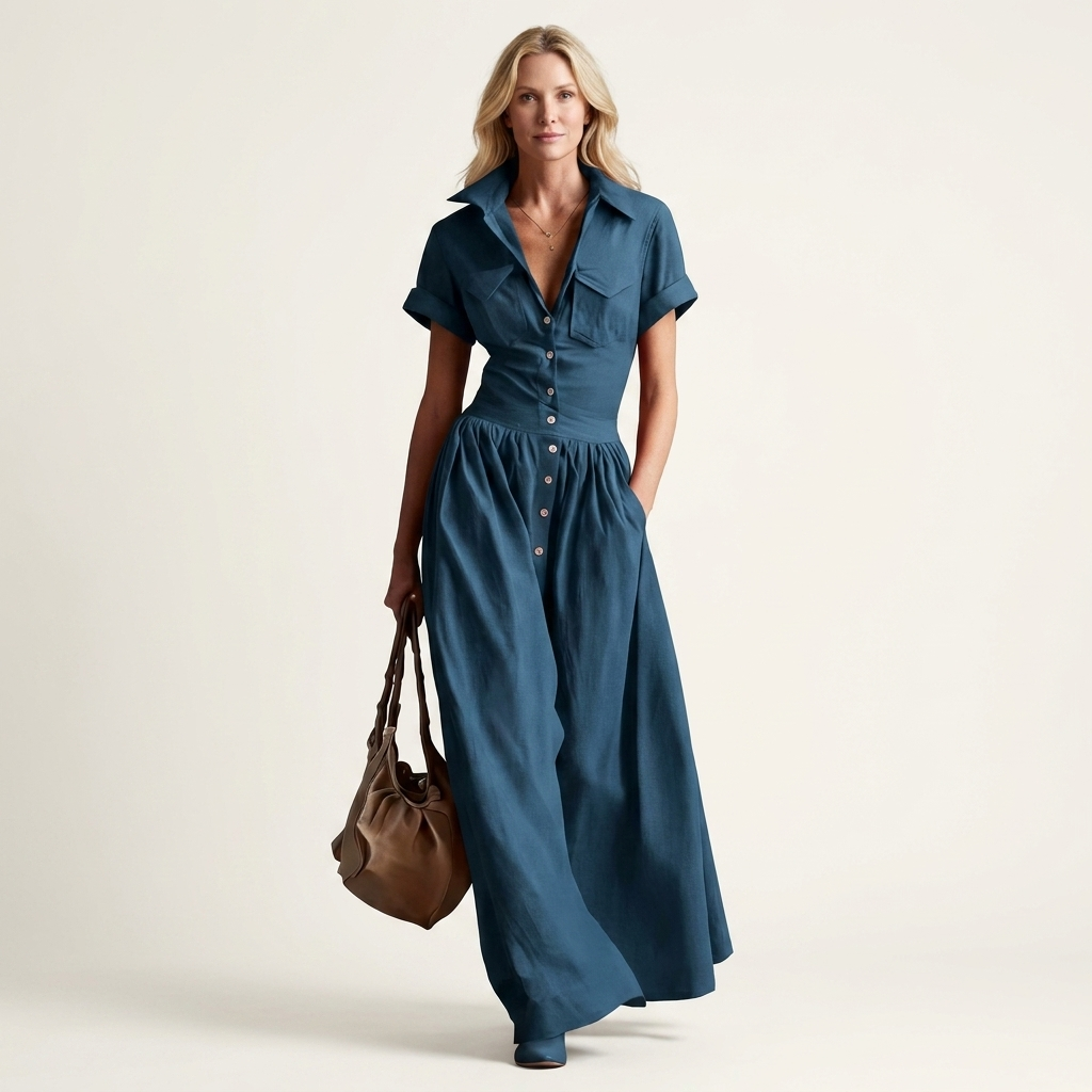 Felina | Lapel Collar Button-Front Short-Sleeve Pleated Maxi Dress