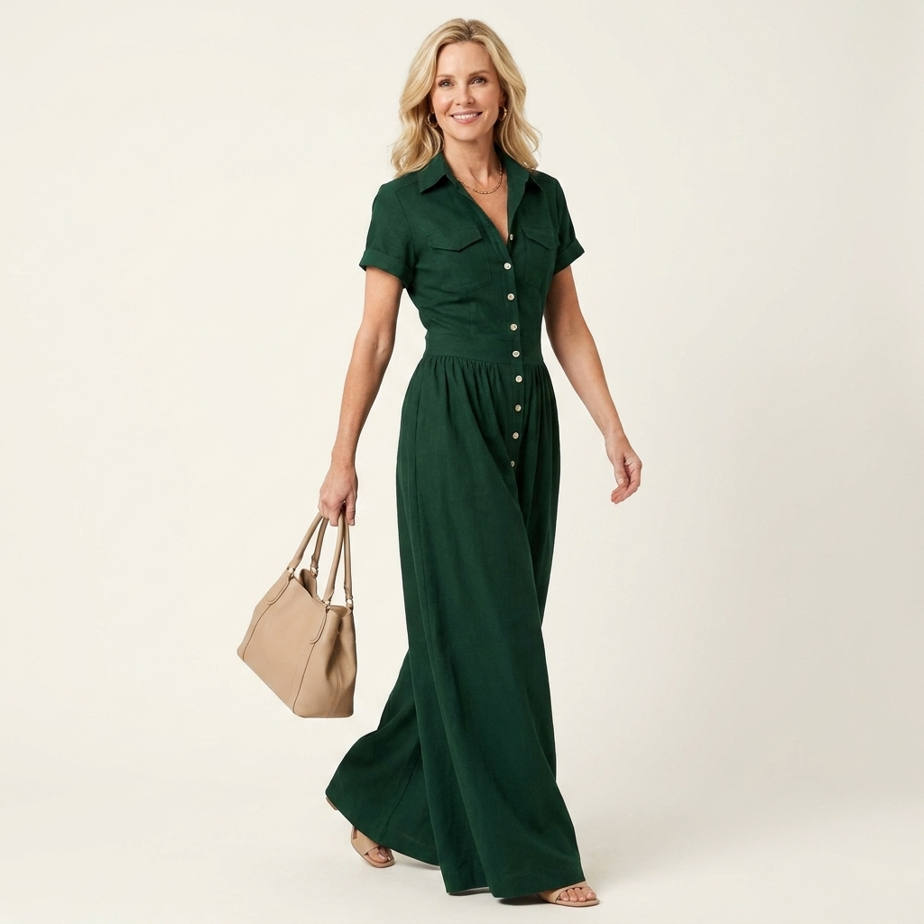 Felina | Lapel Collar Button-Front Short-Sleeve Pleated Maxi Dress