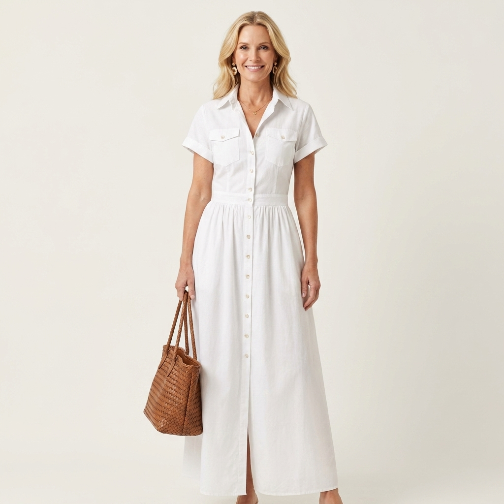 Felina | Lapel Collar Button-Front Short-Sleeve Pleated Maxi Dress