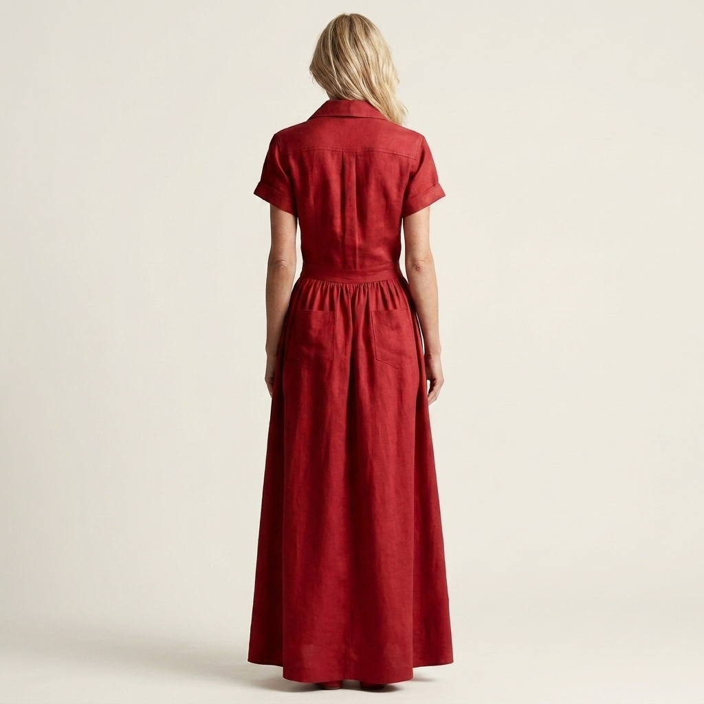 Felina | Lapel Collar Button-Front Short-Sleeve Pleated Maxi Dress