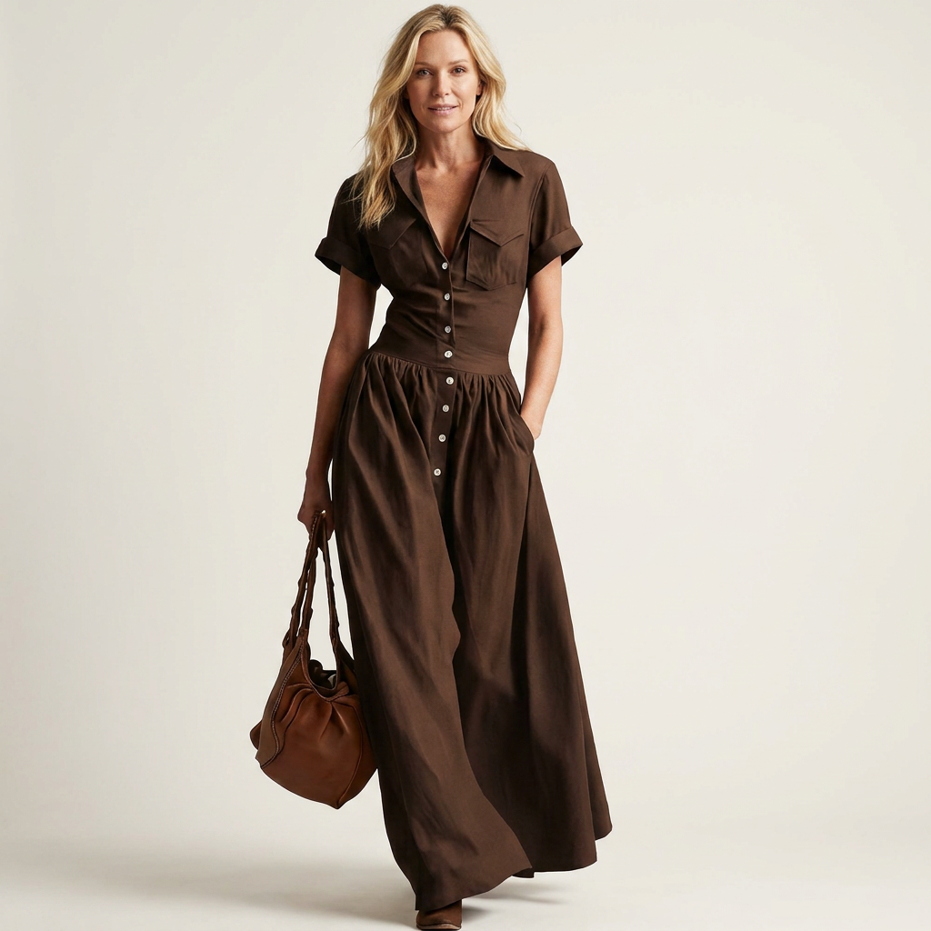 Felina | Lapel Collar Button-Front Short-Sleeve Pleated Maxi Dress