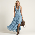 Venizia | Deep V-Neck Tiered Pleated Sleeveless Maxi Dress